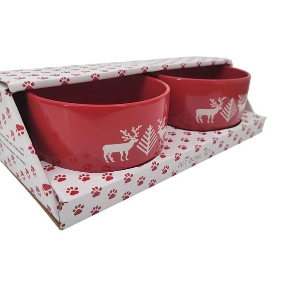 Two 2 Piece Pet Bowl Set Red Christmas Reindeer Water Food Cat Dog Ceramic NEW - Picture 2 of 5